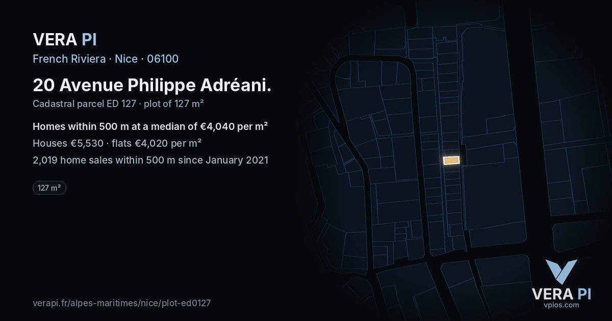 20 Avenue Philippe Adréani, Nice at night – the plot lit, the parcels around coloured by the prices near them