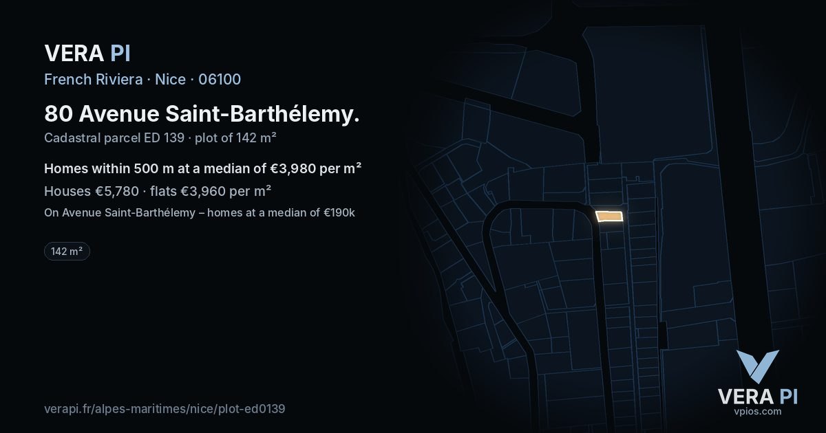 80 Avenue Saint-Barthélemy, Nice at night – the plot lit, the parcels around coloured by the prices near them