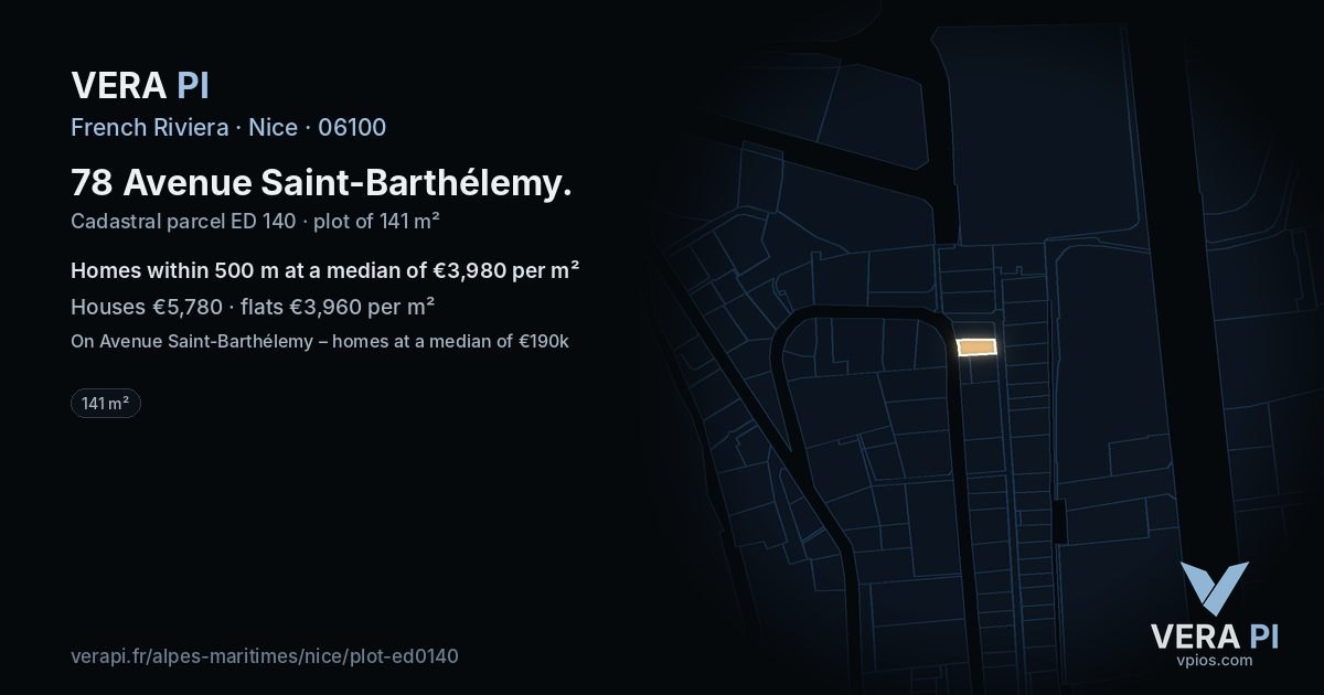 78 Avenue Saint-Barthélemy, Nice at night – the plot lit, the parcels around coloured by the prices near them