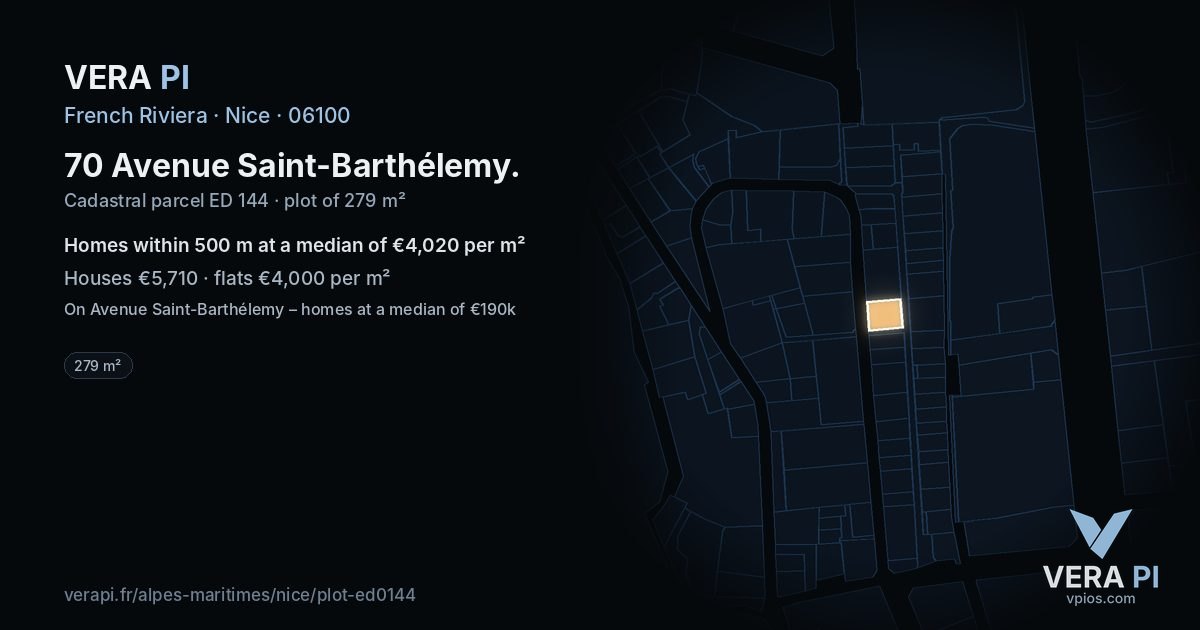 70 Avenue Saint-Barthélemy, Nice at night – the plot lit, the parcels around coloured by the prices near them