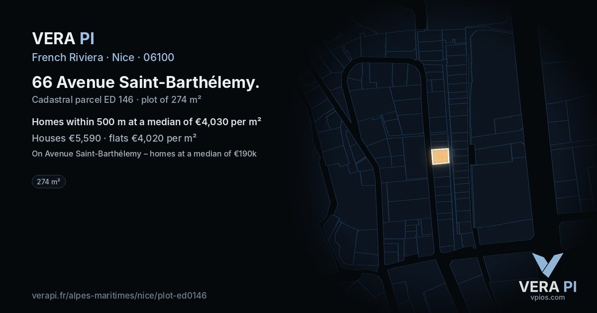 66 Avenue Saint-Barthélemy, Nice at night – the plot lit, the parcels around coloured by the prices near them