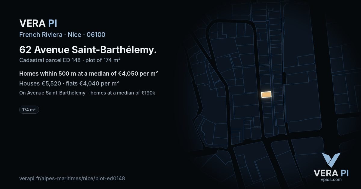 62 Avenue Saint-Barthélemy, Nice at night – the plot lit, the parcels around coloured by the prices near them
