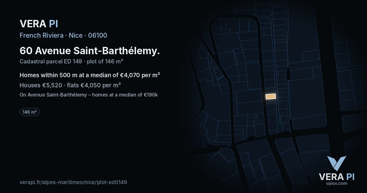 60 Avenue Saint-Barthélemy, Nice at night – the plot lit, the parcels around coloured by the prices near them