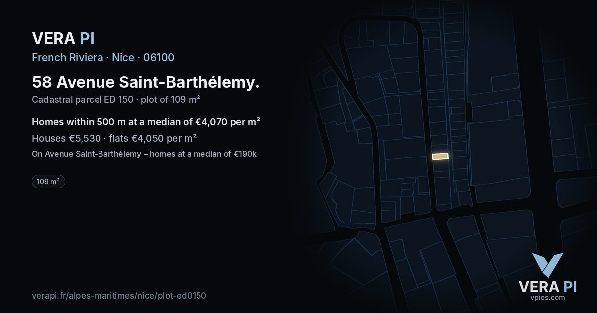 58 Avenue Saint-Barthélemy, Nice at night – the plot lit, the parcels around coloured by the prices near them