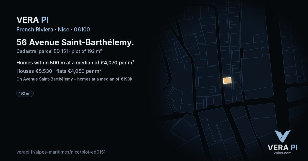 56 Avenue Saint-Barthélemy, Nice at night – the plot lit, the parcels around coloured by the prices near them