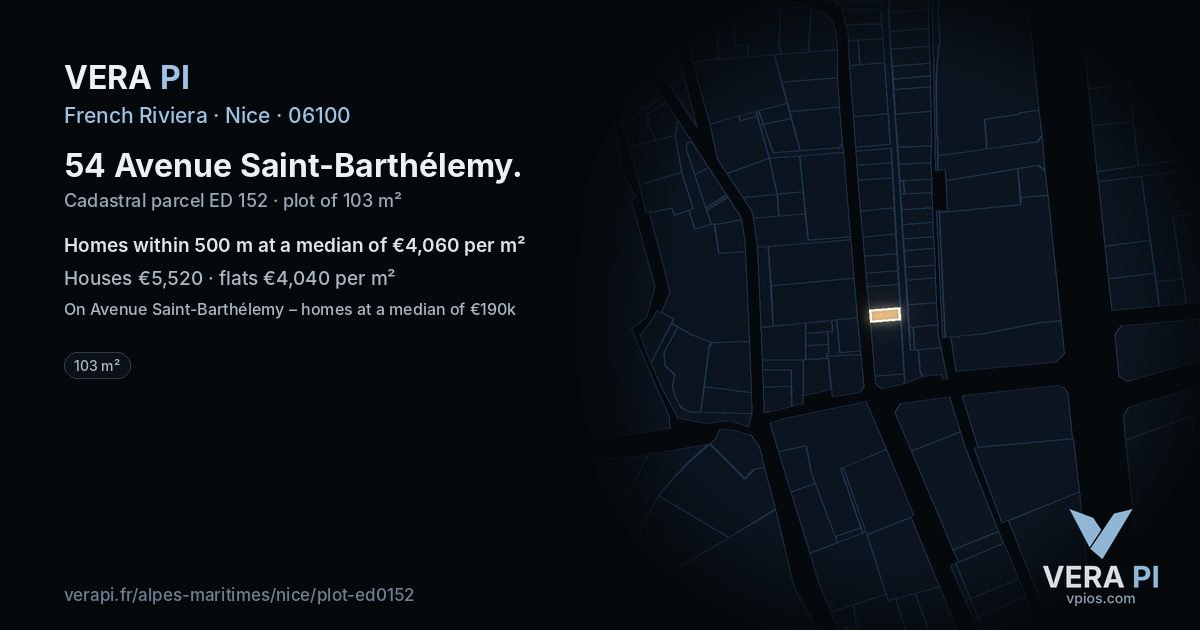 54 Avenue Saint-Barthélemy, Nice at night – the plot lit, the parcels around coloured by the prices near them