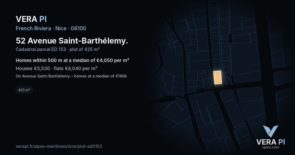 52 Avenue Saint-Barthélemy, Nice at night – the plot lit, the parcels around coloured by the prices near them
