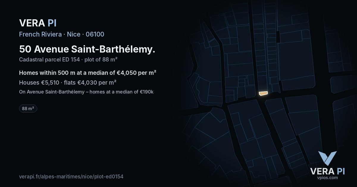 50 Avenue Saint-Barthélemy, Nice at night – the plot lit, the parcels around coloured by the prices near them