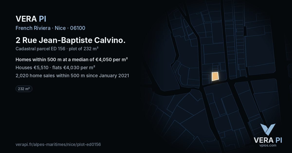 2 Rue Jean-Baptiste Calvino, Nice at night – the plot lit, the parcels around coloured by the prices near them