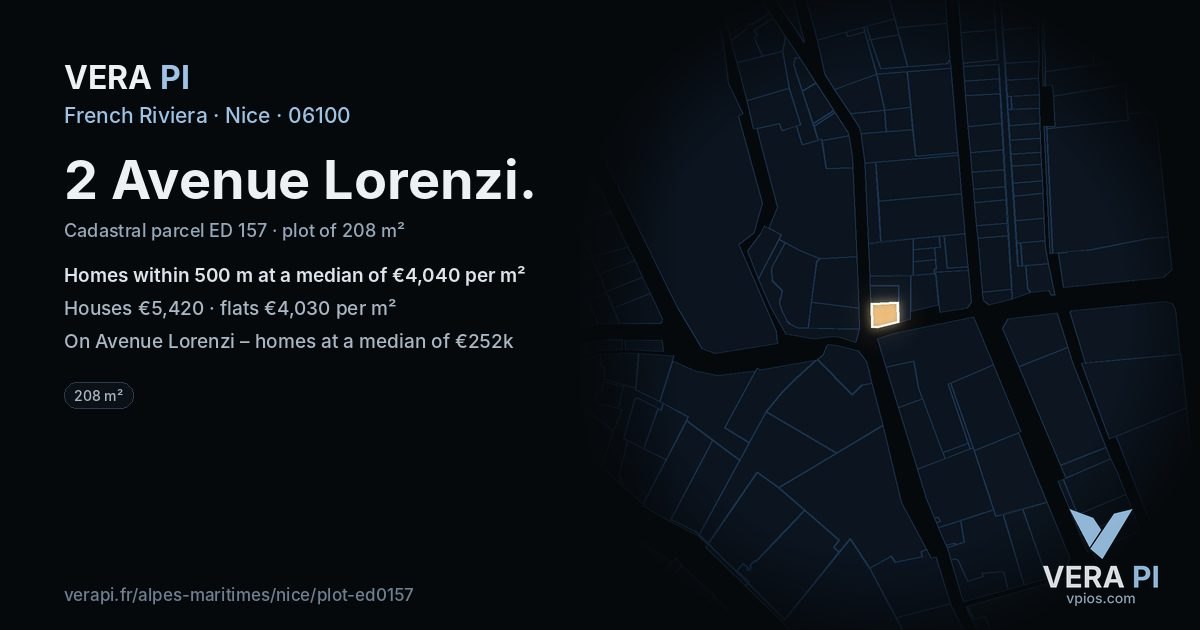 2 Avenue Lorenzi, Nice at night – the plot lit, the parcels around coloured by the prices near them