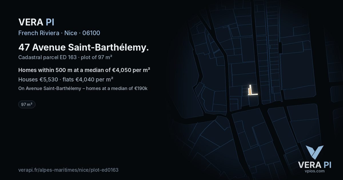 47 Avenue Saint-Barthélemy, Nice at night – the plot lit, the parcels around coloured by the prices near them