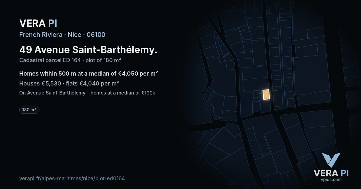 49 Avenue Saint-Barthélemy, Nice at night – the plot lit, the parcels around coloured by the prices near them