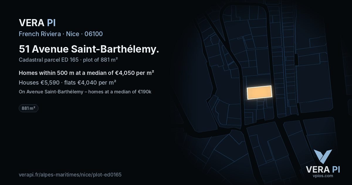 51 Avenue Saint-Barthélemy, Nice at night – the plot lit, the parcels around coloured by the prices near them