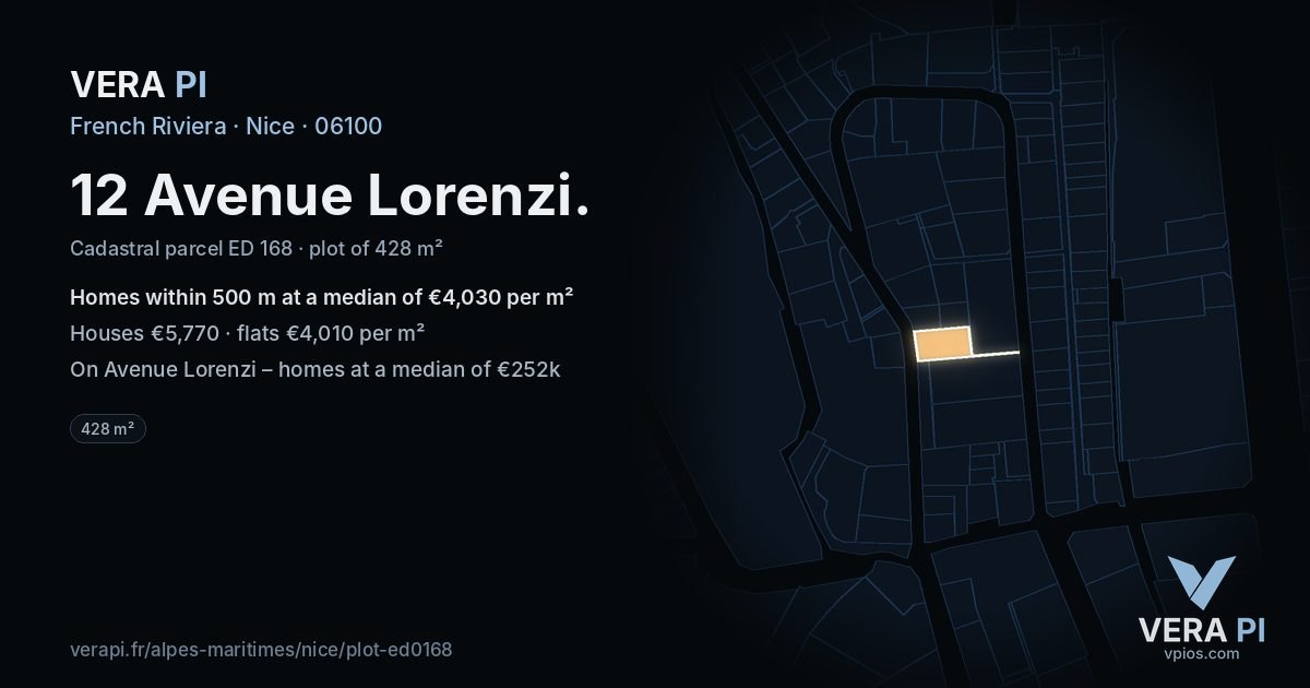 12 Avenue Lorenzi, Nice at night – the plot lit, the parcels around coloured by the prices near them