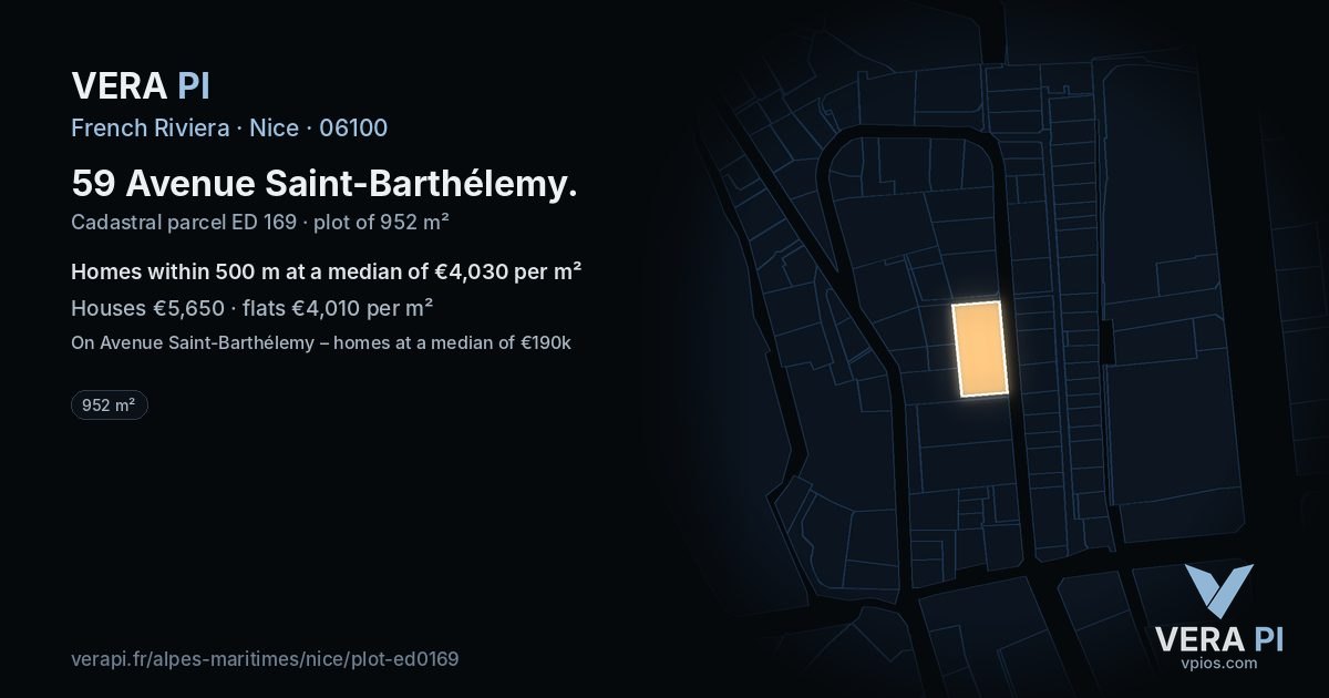 59 Avenue Saint-Barthélemy, Nice at night – the plot lit, the parcels around coloured by the prices near them