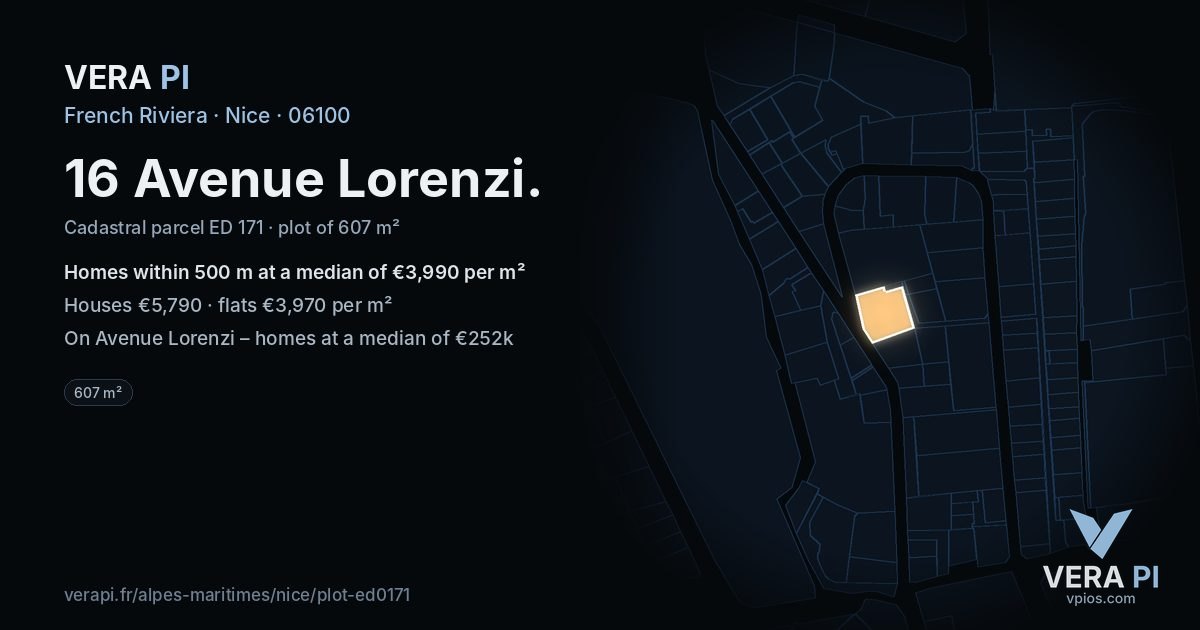 16 Avenue Lorenzi, Nice at night – the plot lit, the parcels around coloured by the prices near them