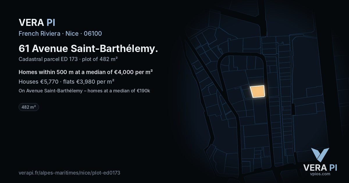 61 Avenue Saint-Barthélemy, Nice at night – the plot lit, the parcels around coloured by the prices near them
