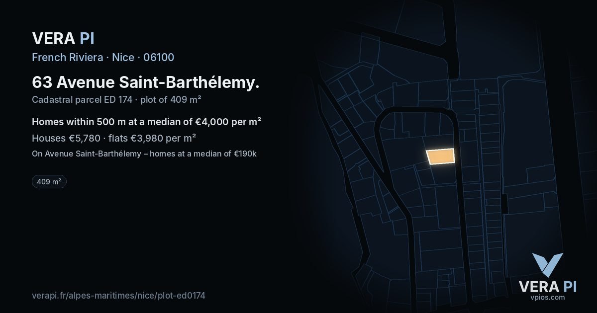 63 Avenue Saint-Barthélemy, Nice at night – the plot lit, the parcels around coloured by the prices near them