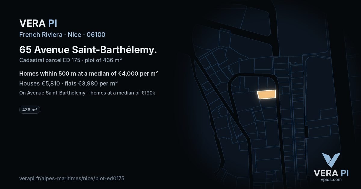 65 Avenue Saint-Barthélemy, Nice at night – the plot lit, the parcels around coloured by the prices near them