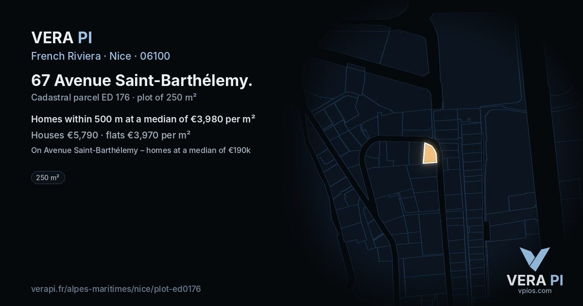 67 Avenue Saint-Barthélemy, Nice at night – the plot lit, the parcels around coloured by the prices near them