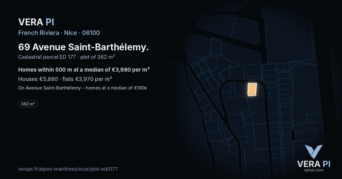 69 Avenue Saint-Barthélemy, Nice at night – the plot lit, the parcels around coloured by the prices near them