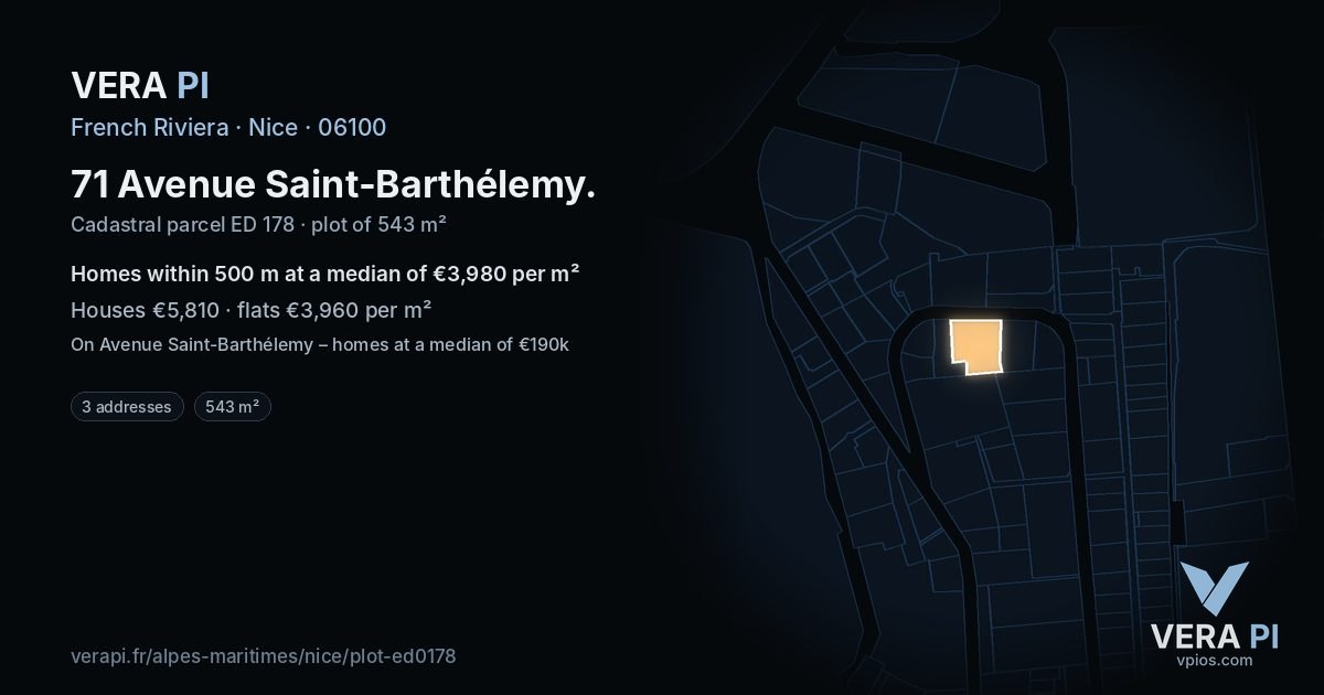 71 Avenue Saint-Barthélemy, Nice at night – the plot lit, the parcels around coloured by the prices near them
