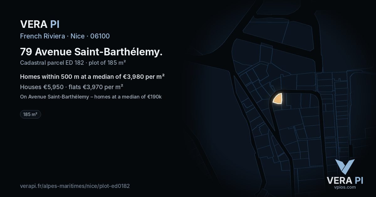 79 Avenue Saint-Barthélemy, Nice at night – the plot lit, the parcels around coloured by the prices near them