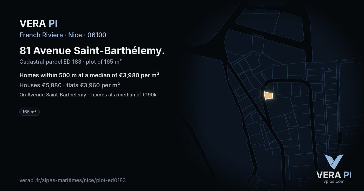 81 Avenue Saint-Barthélemy, Nice at night – the plot lit, the parcels around coloured by the prices near them