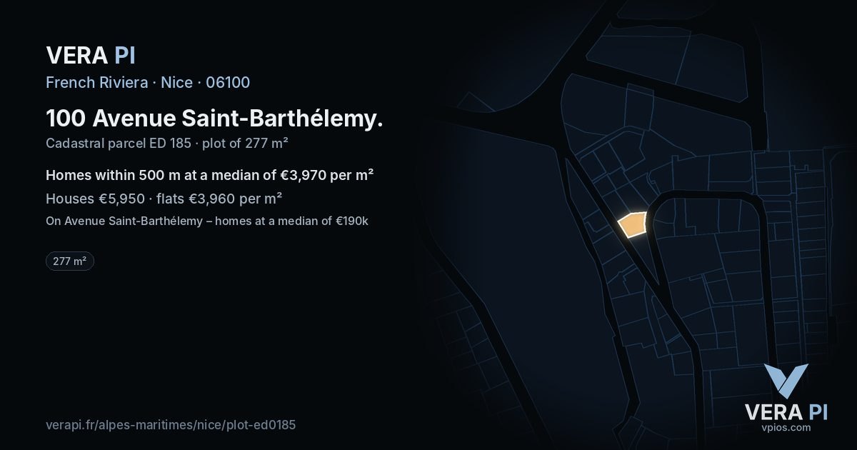 100 Avenue Saint-Barthélemy, Nice at night – the plot lit, the parcels around coloured by the prices near them