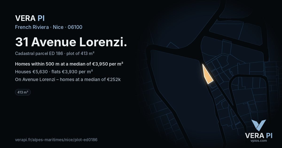 31 Avenue Lorenzi, Nice at night – the plot lit, the parcels around coloured by the prices near them