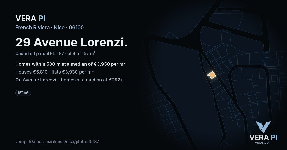 29 Avenue Lorenzi, Nice at night – the plot lit, the parcels around coloured by the prices near them