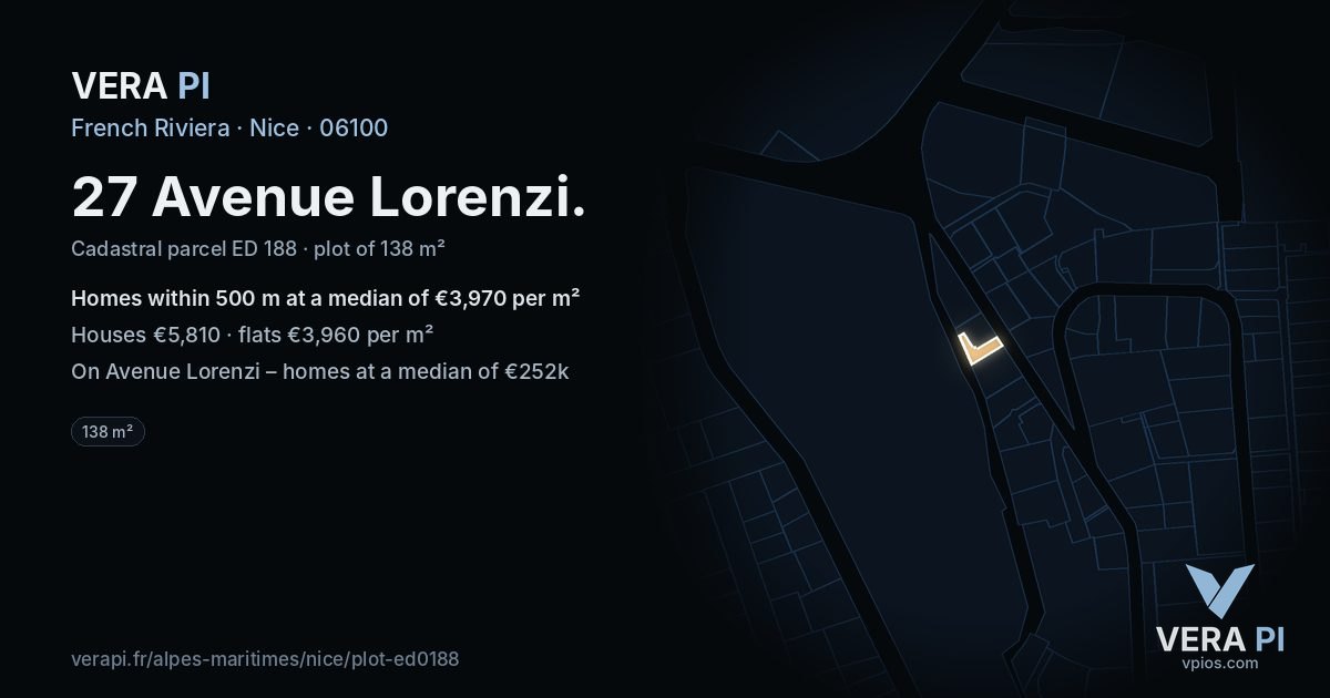 27 Avenue Lorenzi, Nice at night – the plot lit, the parcels around coloured by the prices near them