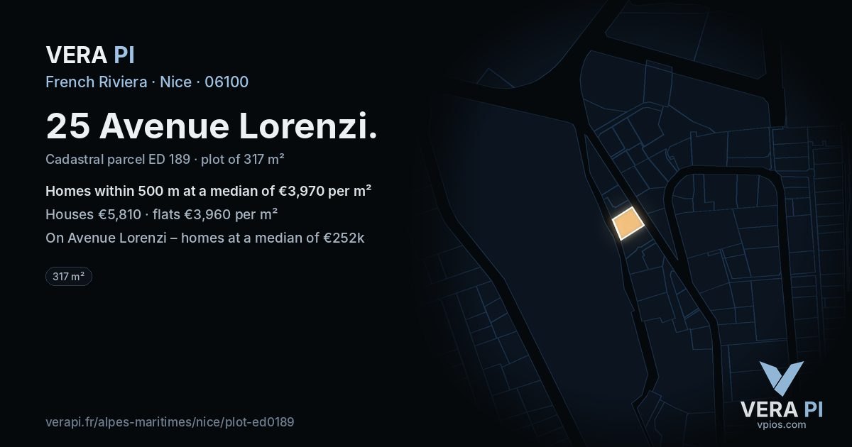 25 Avenue Lorenzi, Nice at night – the plot lit, the parcels around coloured by the prices near them