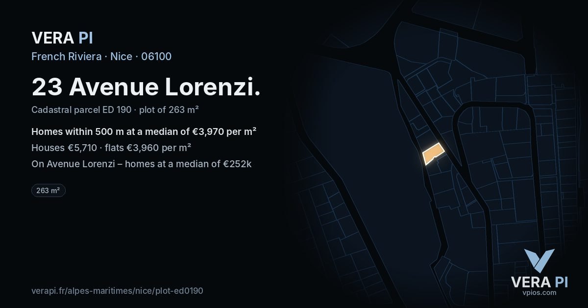 23 Avenue Lorenzi, Nice at night – the plot lit, the parcels around coloured by the prices near them