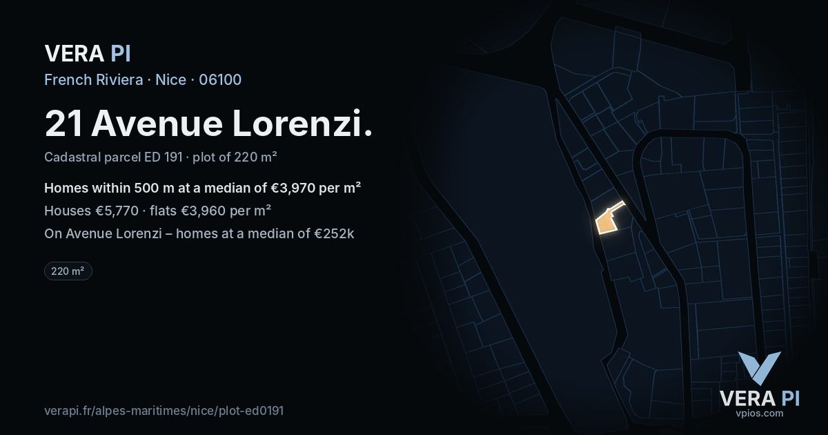 21 Avenue Lorenzi, Nice at night – the plot lit, the parcels around coloured by the prices near them