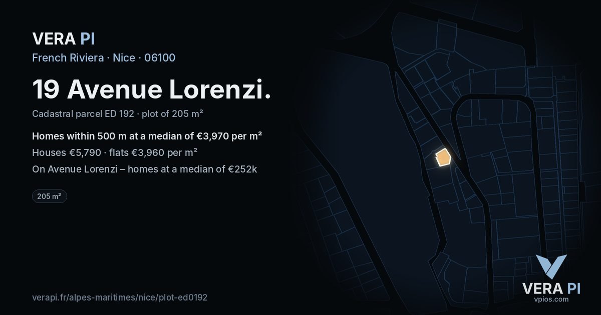 19 Avenue Lorenzi, Nice at night – the plot lit, the parcels around coloured by the prices near them