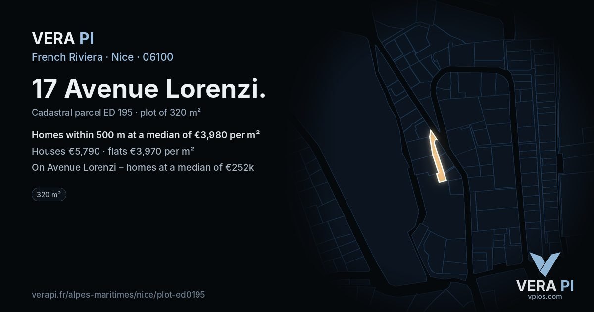 17 Avenue Lorenzi, Nice at night – the plot lit, the parcels around coloured by the prices near them