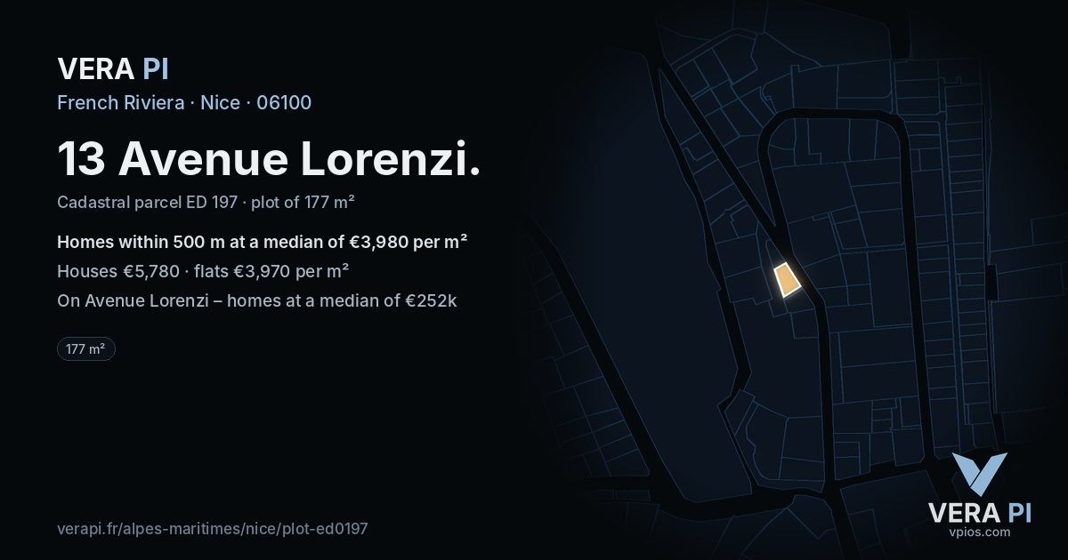 13 Avenue Lorenzi, Nice at night – the plot lit, the parcels around coloured by the prices near them