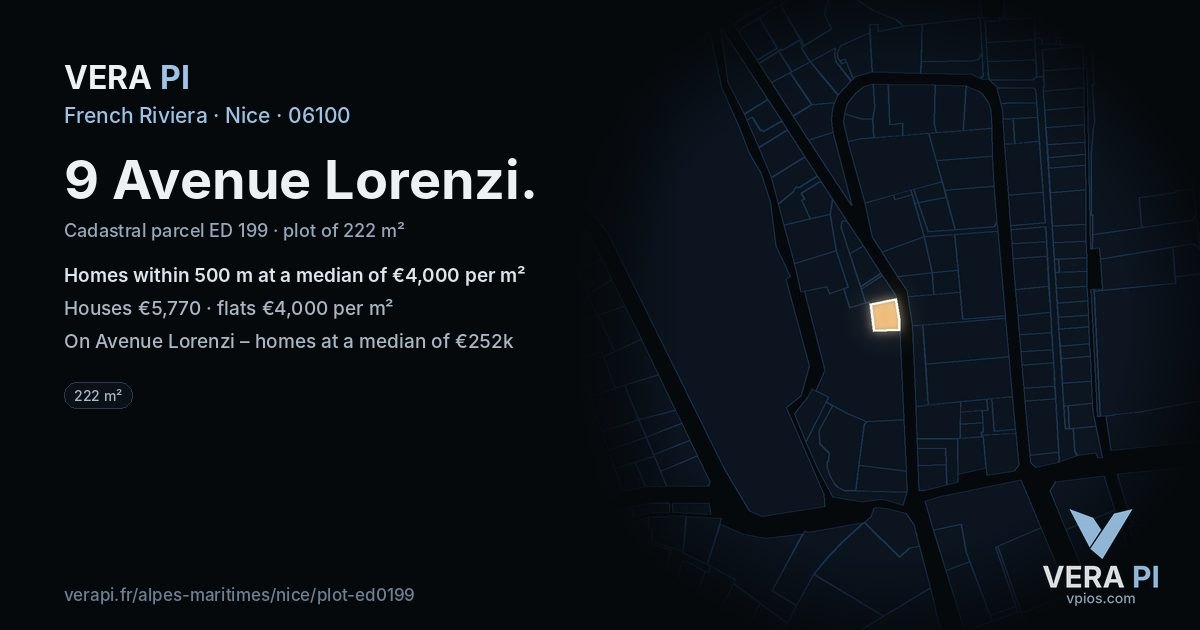 9 Avenue Lorenzi, Nice at night – the plot lit, the parcels around coloured by the prices near them