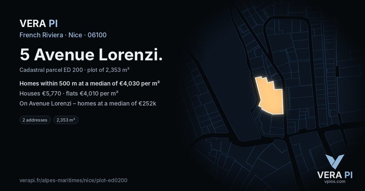 5 Avenue Lorenzi, Nice at night – the plot lit, the parcels around coloured by the prices near them