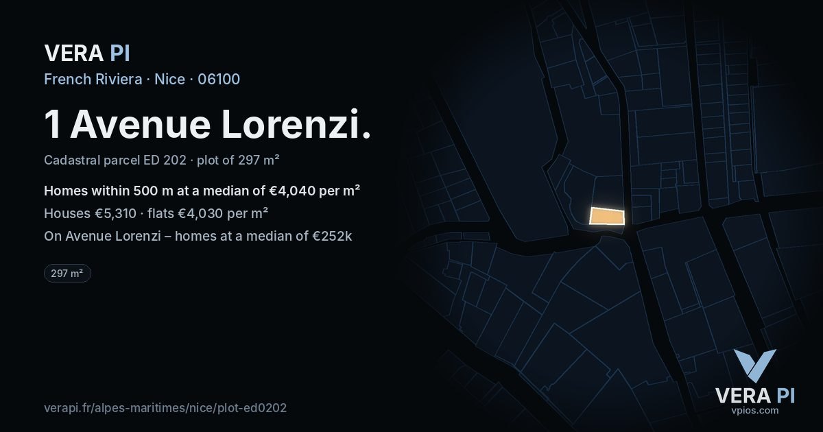 1 Avenue Lorenzi, Nice at night – the plot lit, the parcels around coloured by the prices near them