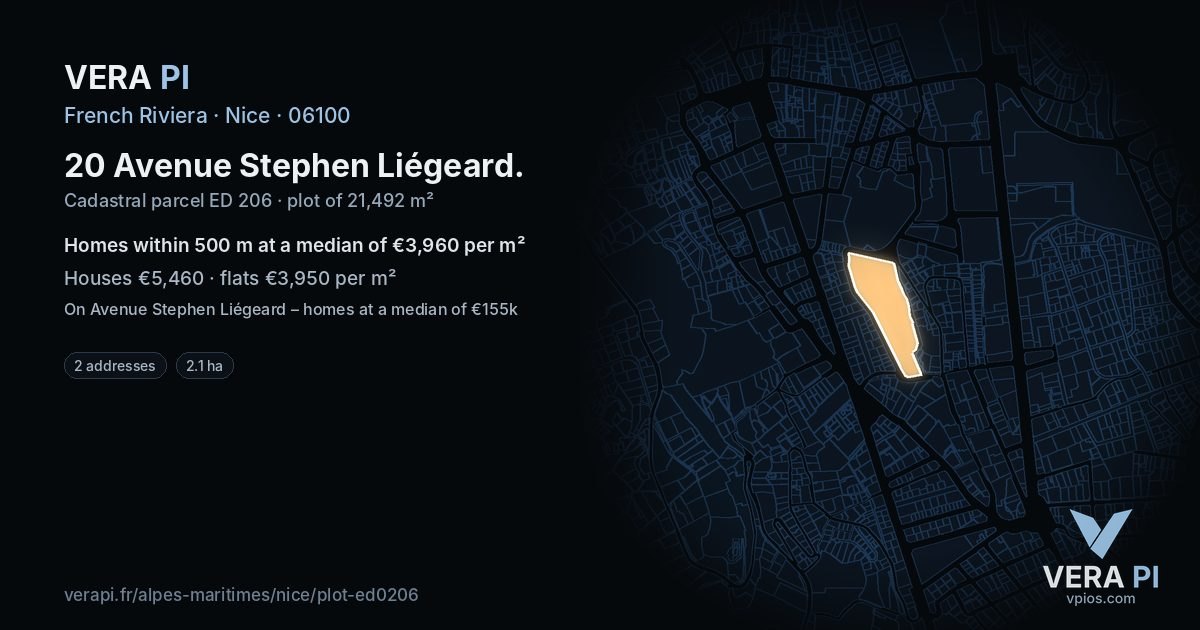 20 Avenue Stephen Liégeard, Nice at night – the plot lit, the parcels around coloured by the prices near them