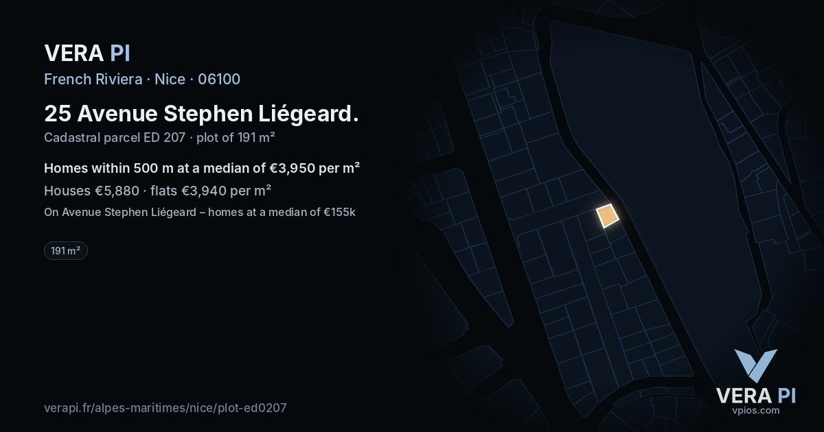 25 Avenue Stephen Liégeard, Nice at night – the plot lit, the parcels around coloured by the prices near them