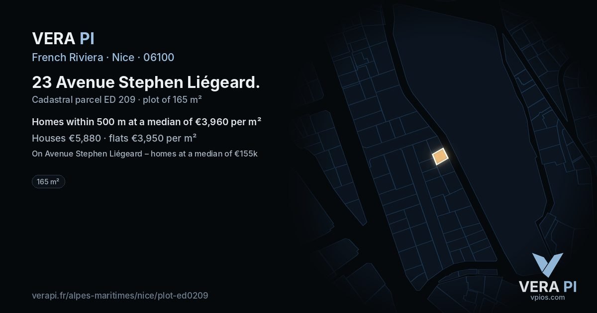 23 Avenue Stephen Liégeard, Nice at night – the plot lit, the parcels around coloured by the prices near them