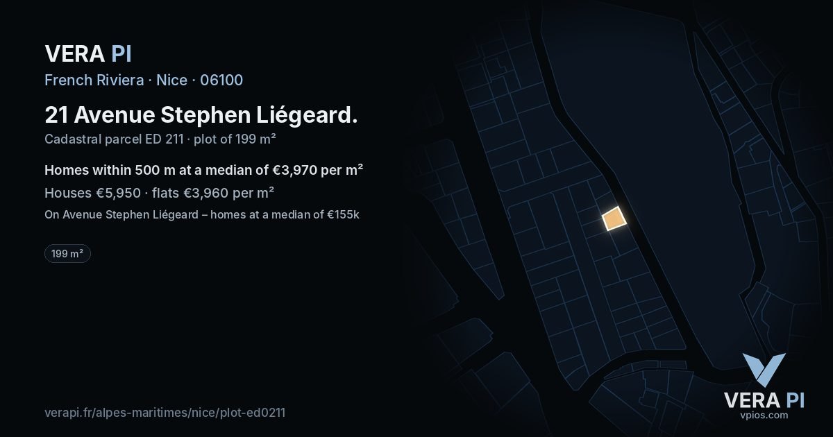 21 Avenue Stephen Liégeard, Nice at night – the plot lit, the parcels around coloured by the prices near them