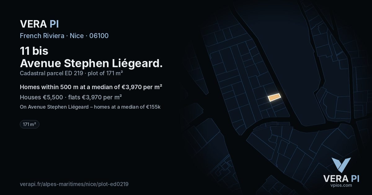 11 bis Avenue Stephen Liégeard, Nice at night – the plot lit, the parcels around coloured by the prices near them