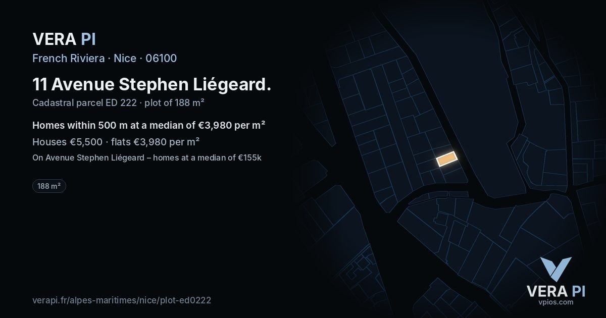 11 Avenue Stephen Liégeard, Nice at night – the plot lit, the parcels around coloured by the prices near them