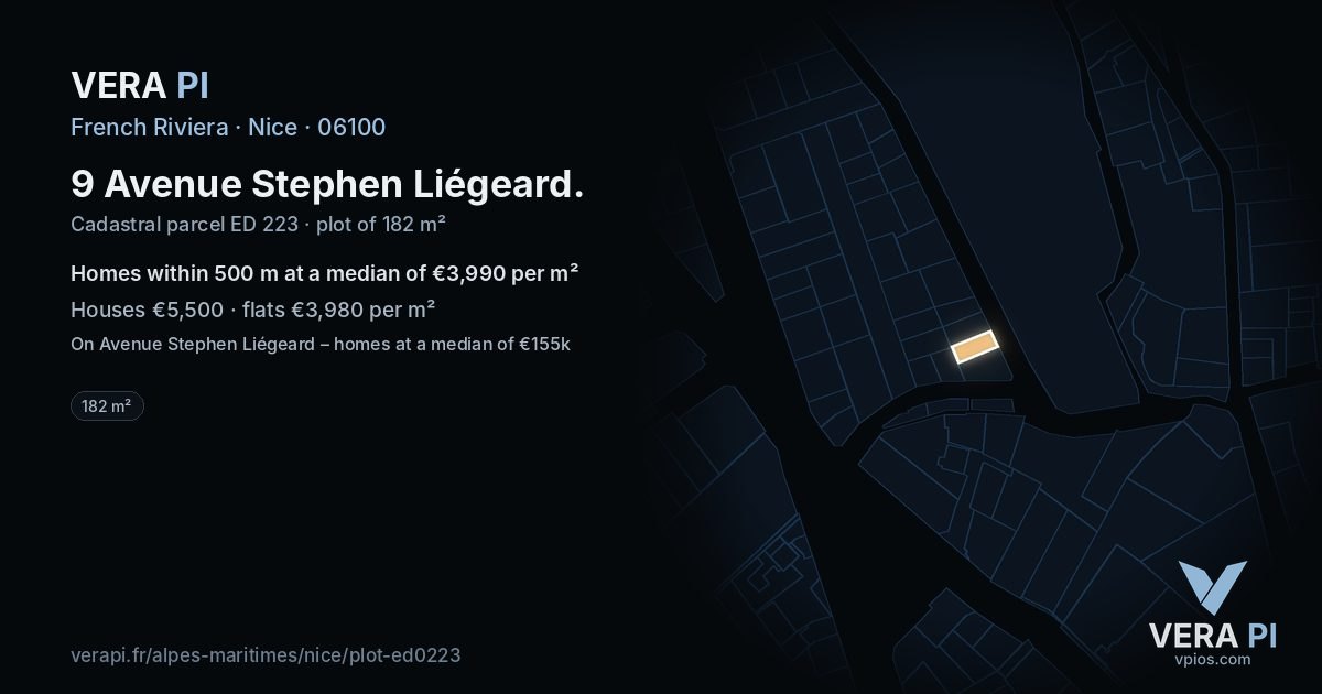 9 Avenue Stephen Liégeard, Nice at night – the plot lit, the parcels around coloured by the prices near them