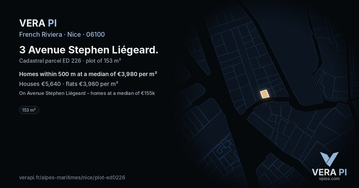 3 Avenue Stephen Liégeard, Nice at night – the plot lit, the parcels around coloured by the prices near them