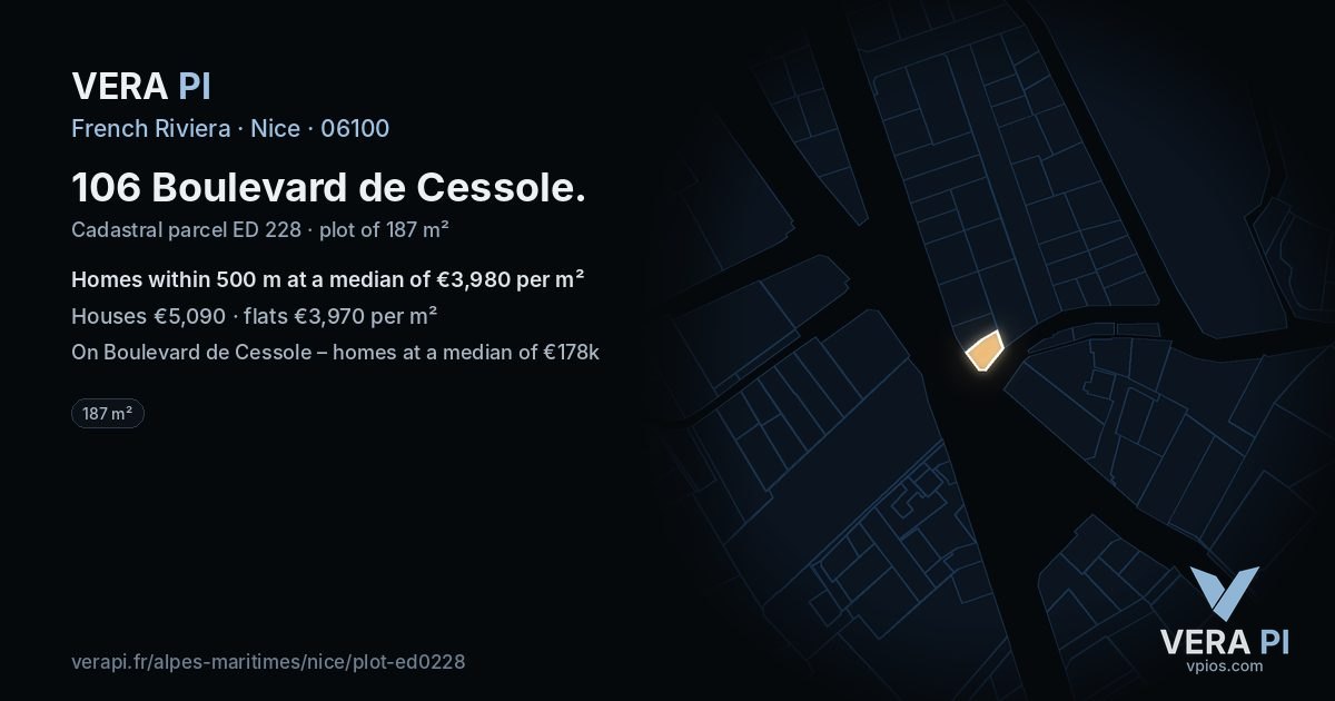 106 Boulevard de Cessole, Nice at night – the plot lit, the parcels around coloured by the prices near them